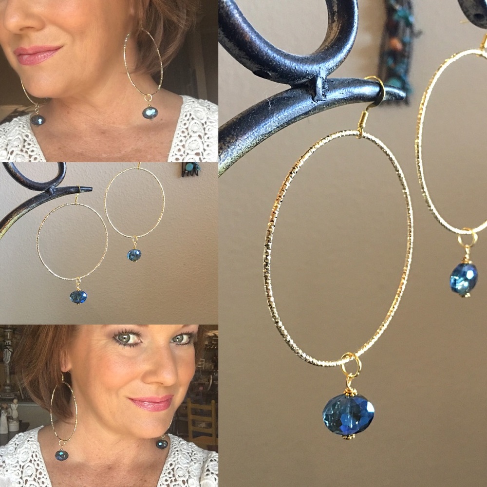 Thin gold hoops with blue crystal dangle